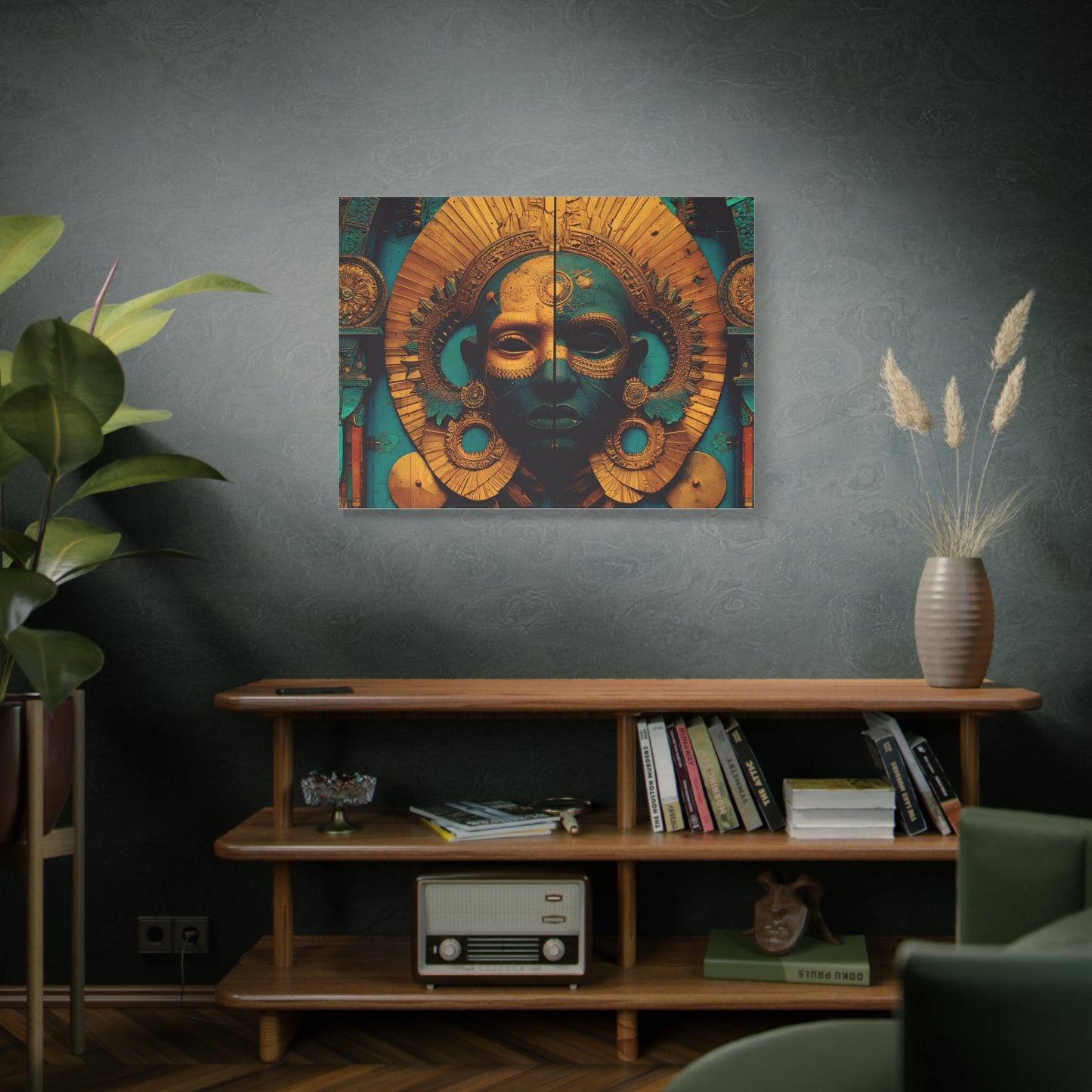 Gold & Teal Tribal Mask Matte Canvas Art — Stretched Wall Decor