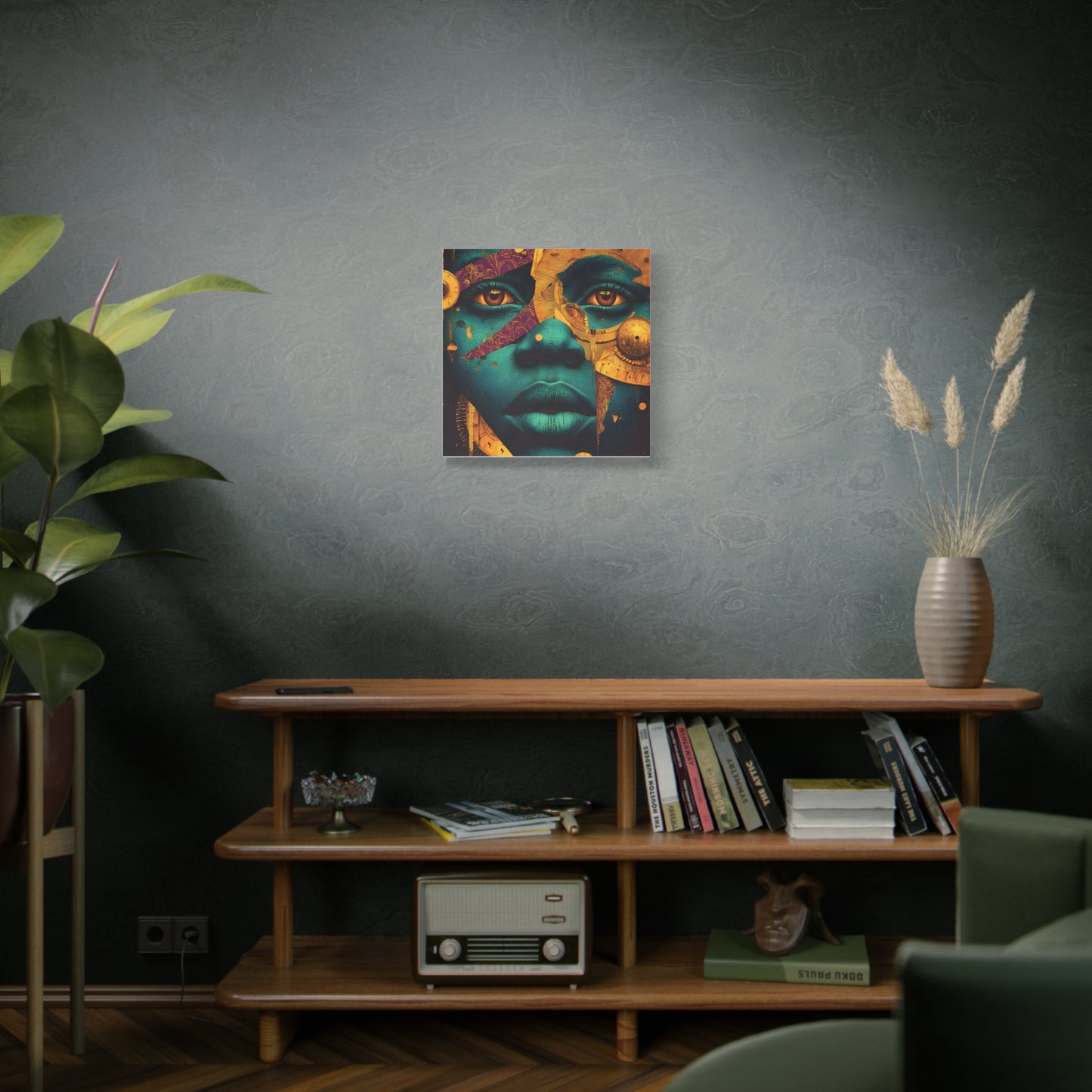 Afro-Futurist Portrait Matte Stretched Canvas — Teal & Gold Face Wall Art