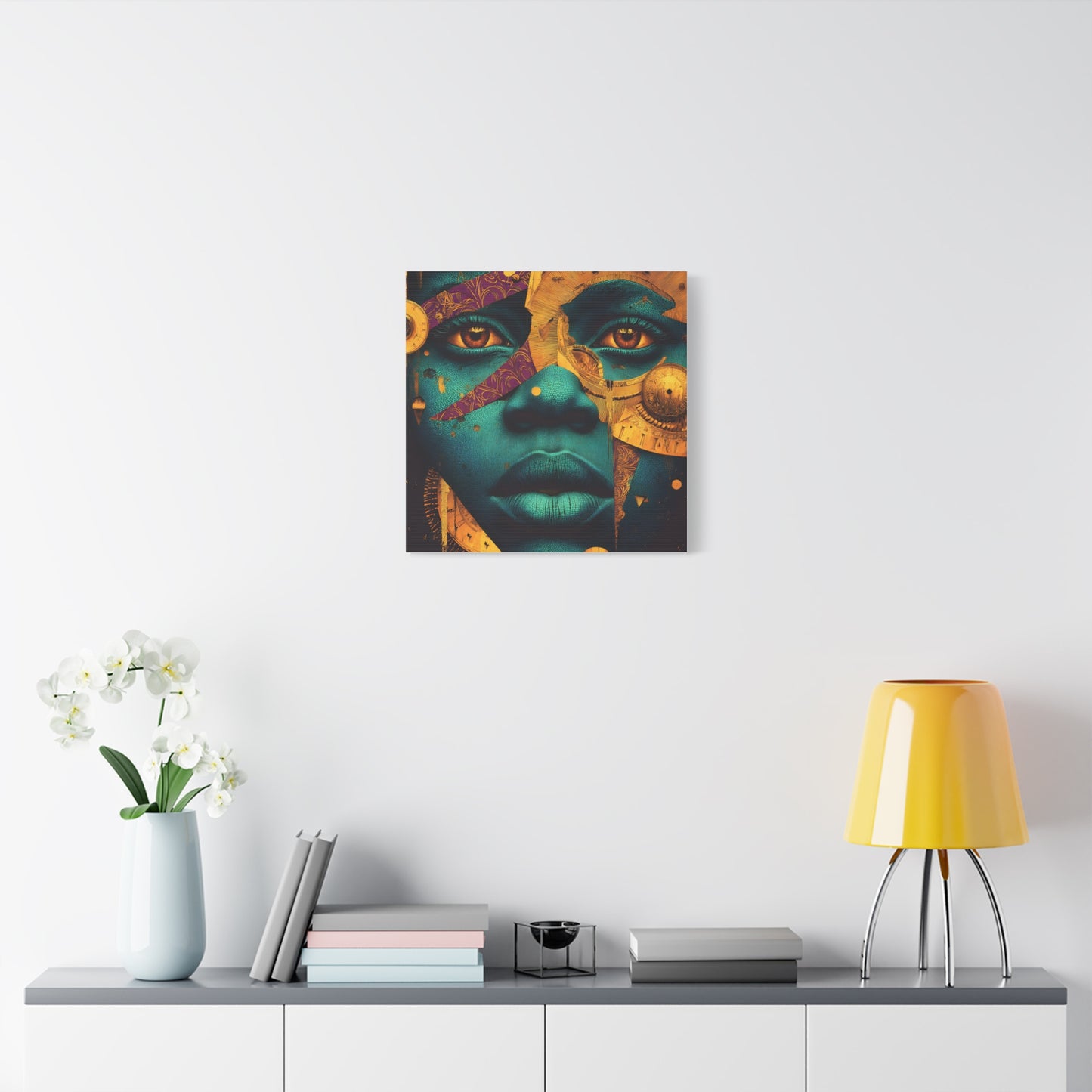 Afro-Futurist Portrait Matte Stretched Canvas — Teal & Gold Face Wall Art