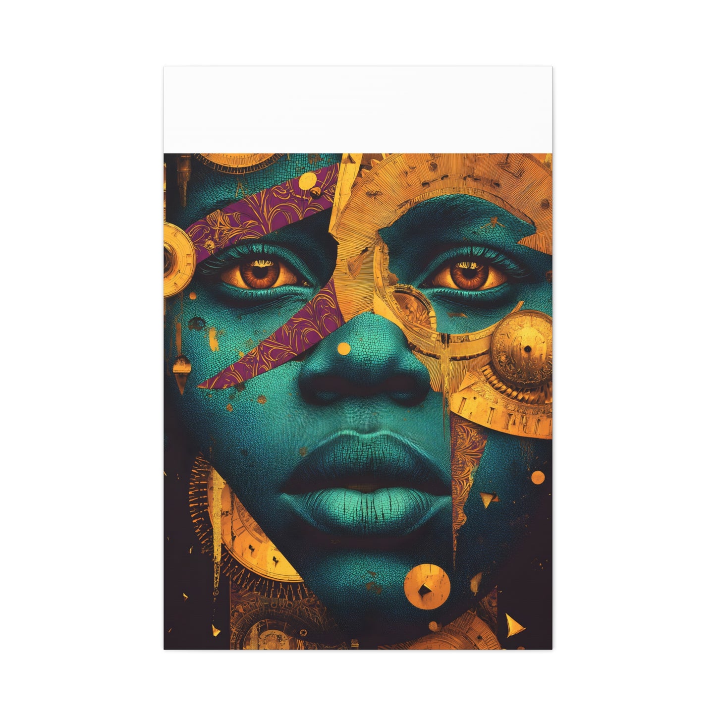 Afro-Futurist Portrait Matte Stretched Canvas — Teal & Gold Face Wall Art