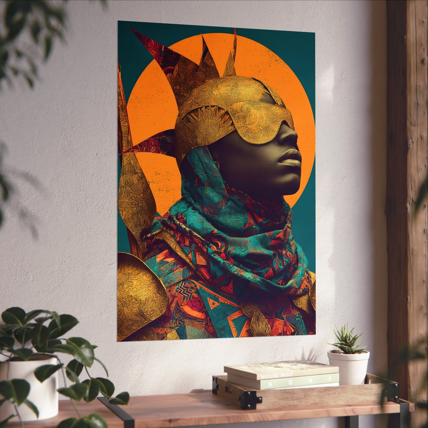 Golden Masked Figure poster | Fine Art Poster, Afrocentric Portrait, Abstract Halo