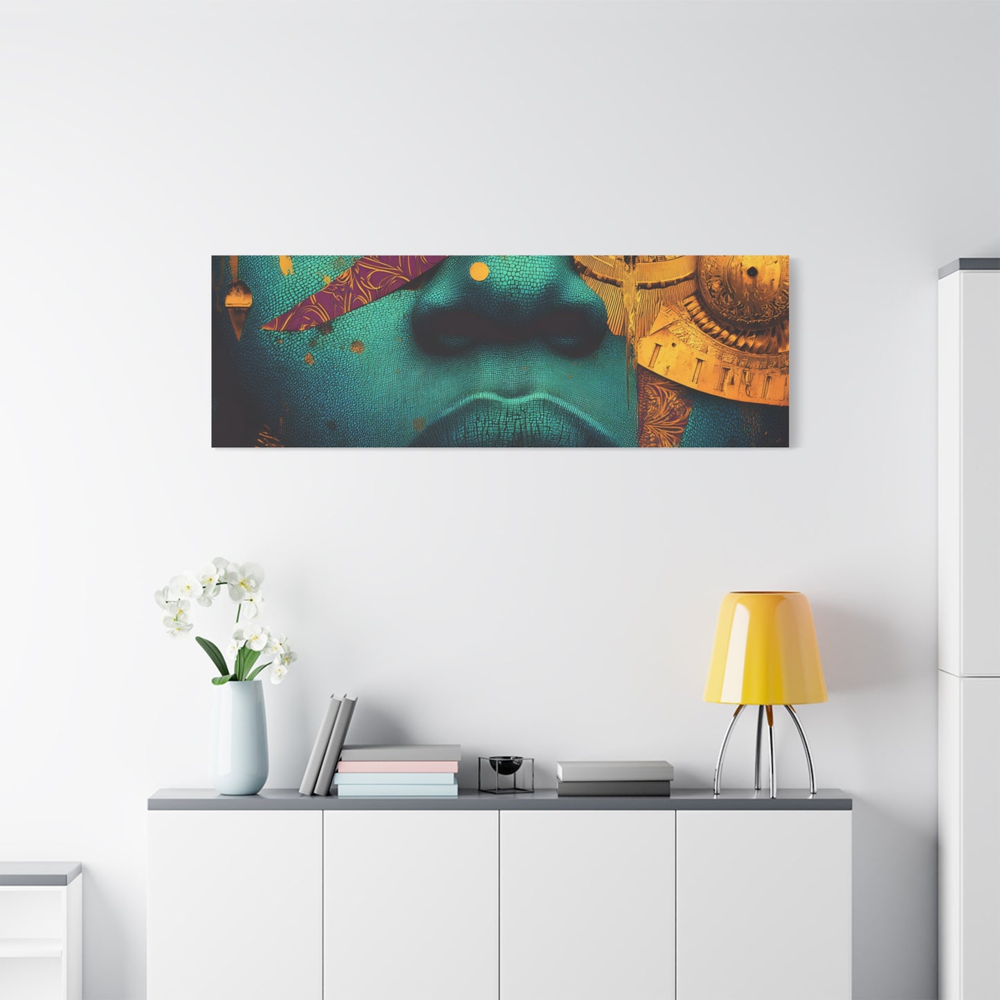Afro-Futurist Portrait Matte Stretched Canvas — Teal & Gold Face Wall Art
