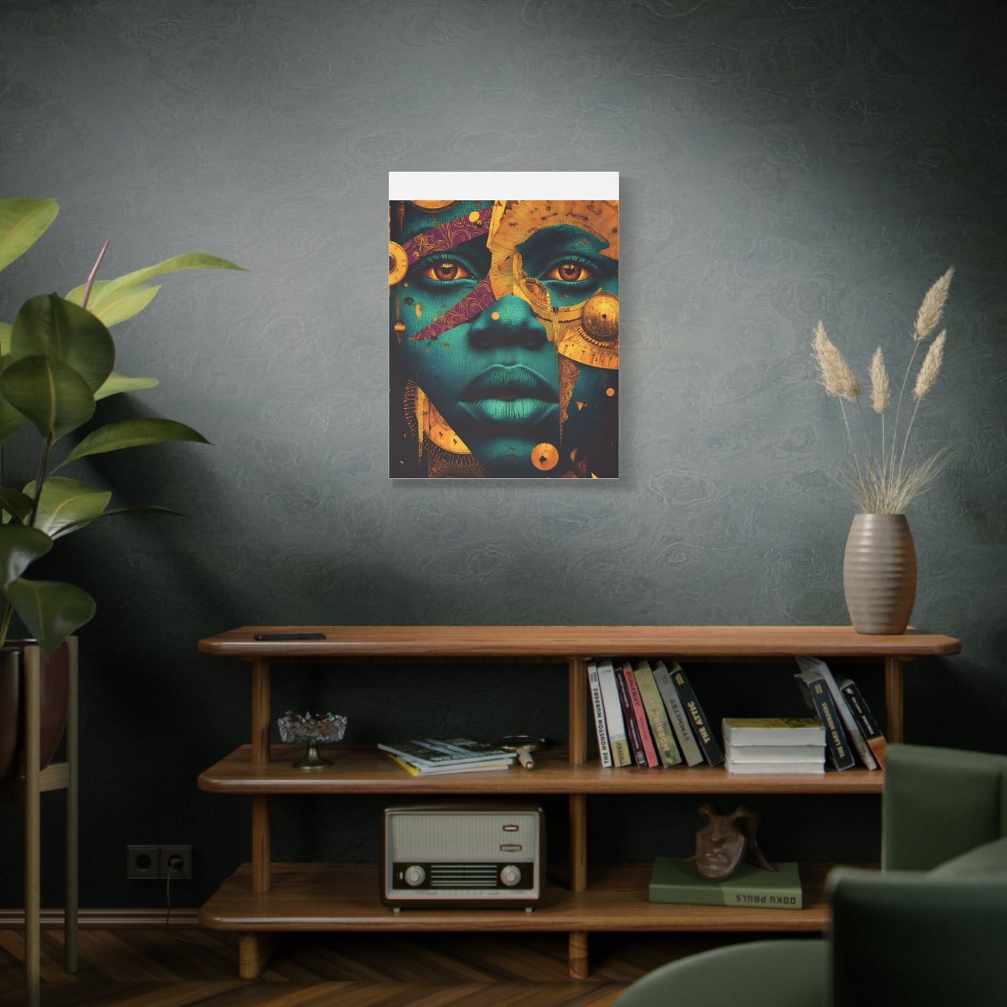 Afro-Futurist Portrait Matte Stretched Canvas — Teal & Gold Face Wall Art