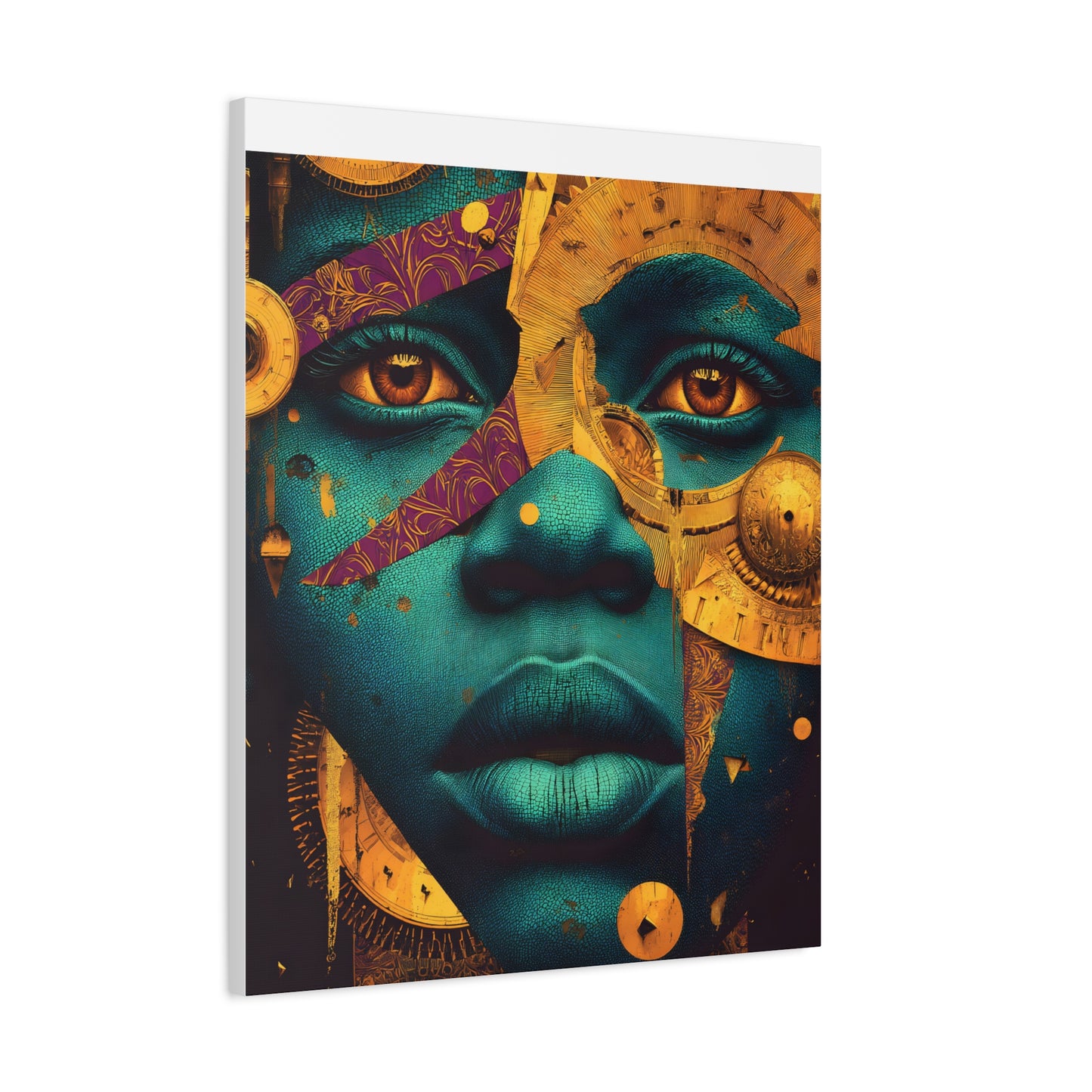 Afro-Futurist Portrait Matte Stretched Canvas — Teal & Gold Face Wall Art