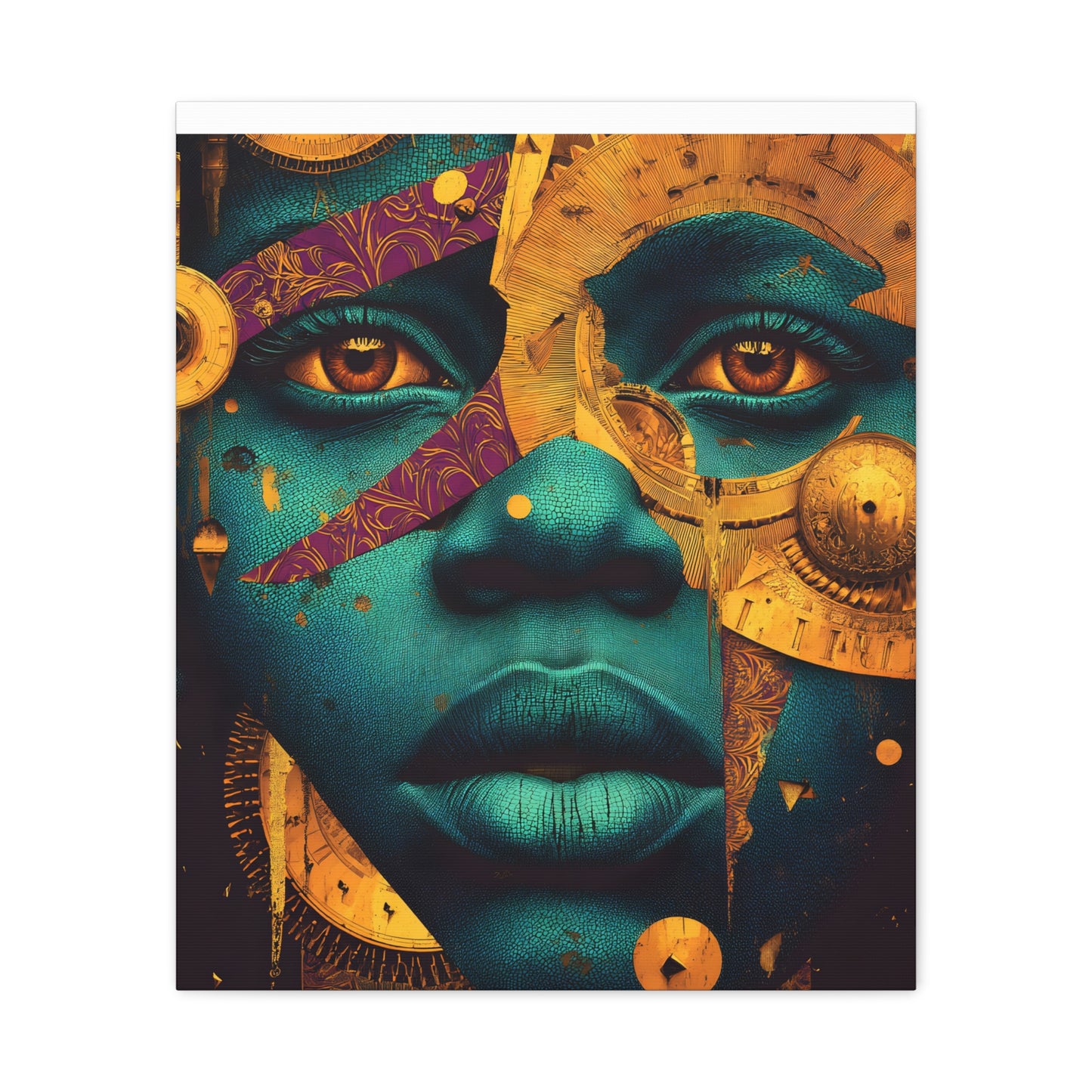 Afro-Futurist Portrait Matte Stretched Canvas — Teal & Gold Face Wall Art
