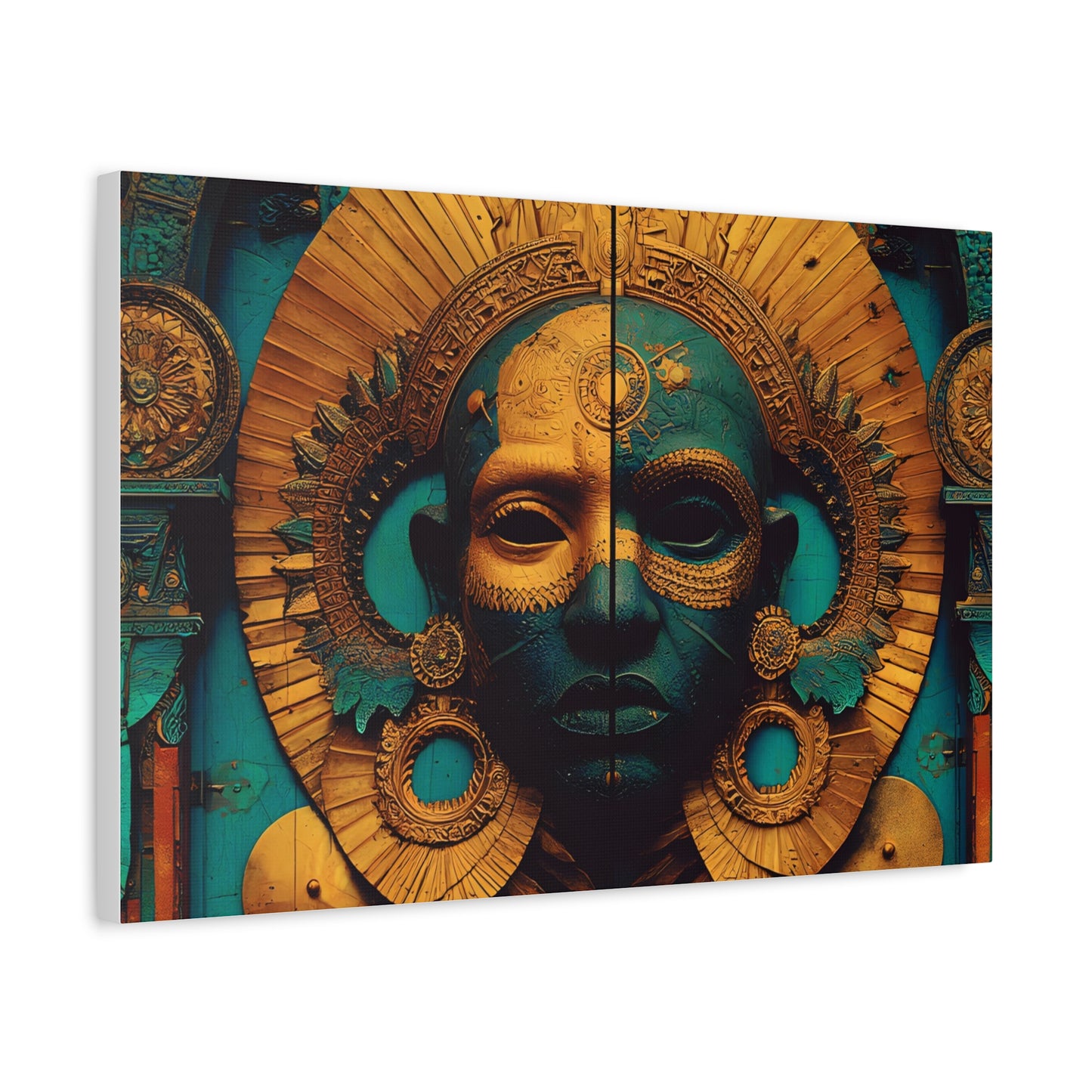 Gold & Teal Tribal Mask Matte Canvas Art — Stretched Wall Decor