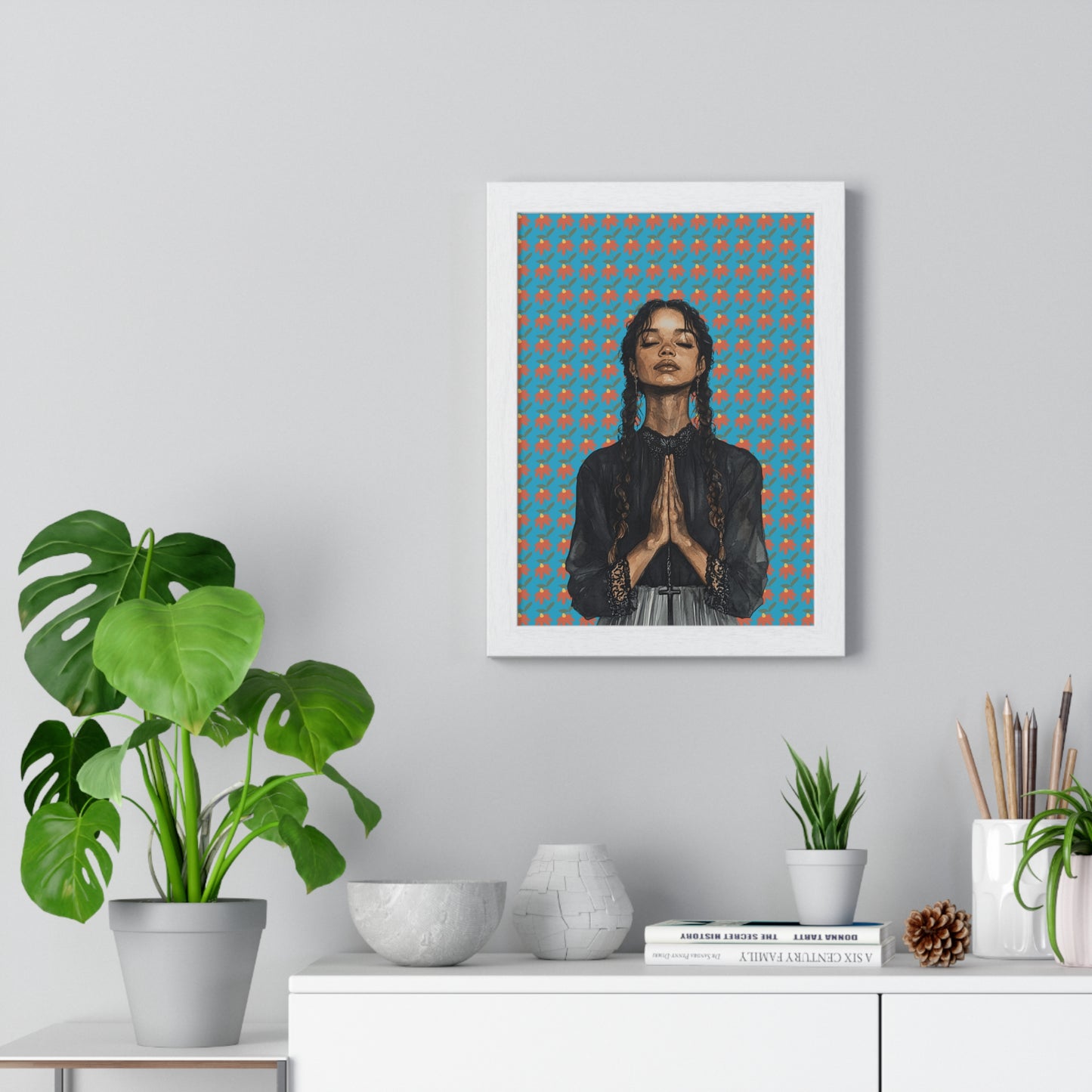 Serene Prayer Vertical Framed Poster, Meditation Art Print, Bohemian Wall Decor, Inspirational Home Decor, Gift for Her