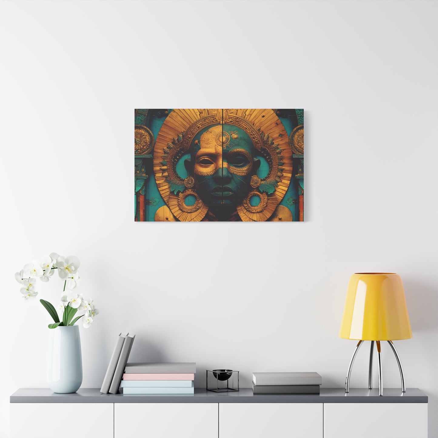 Gold & Teal Tribal Mask Matte Canvas Art — Stretched Wall Decor