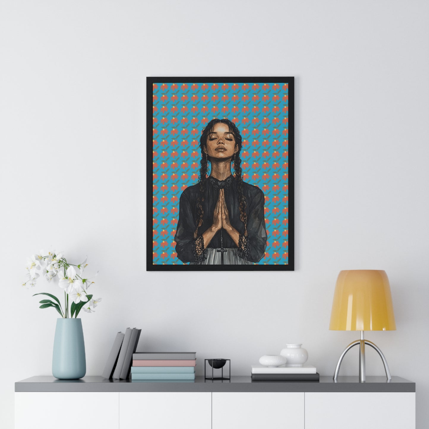 Serene Prayer Vertical Framed Poster, Meditation Art Print, Bohemian Wall Decor, Inspirational Home Decor, Gift for Her