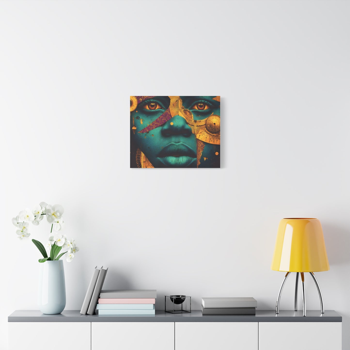 Afro-Futurist Portrait Matte Stretched Canvas — Teal & Gold Face Wall Art