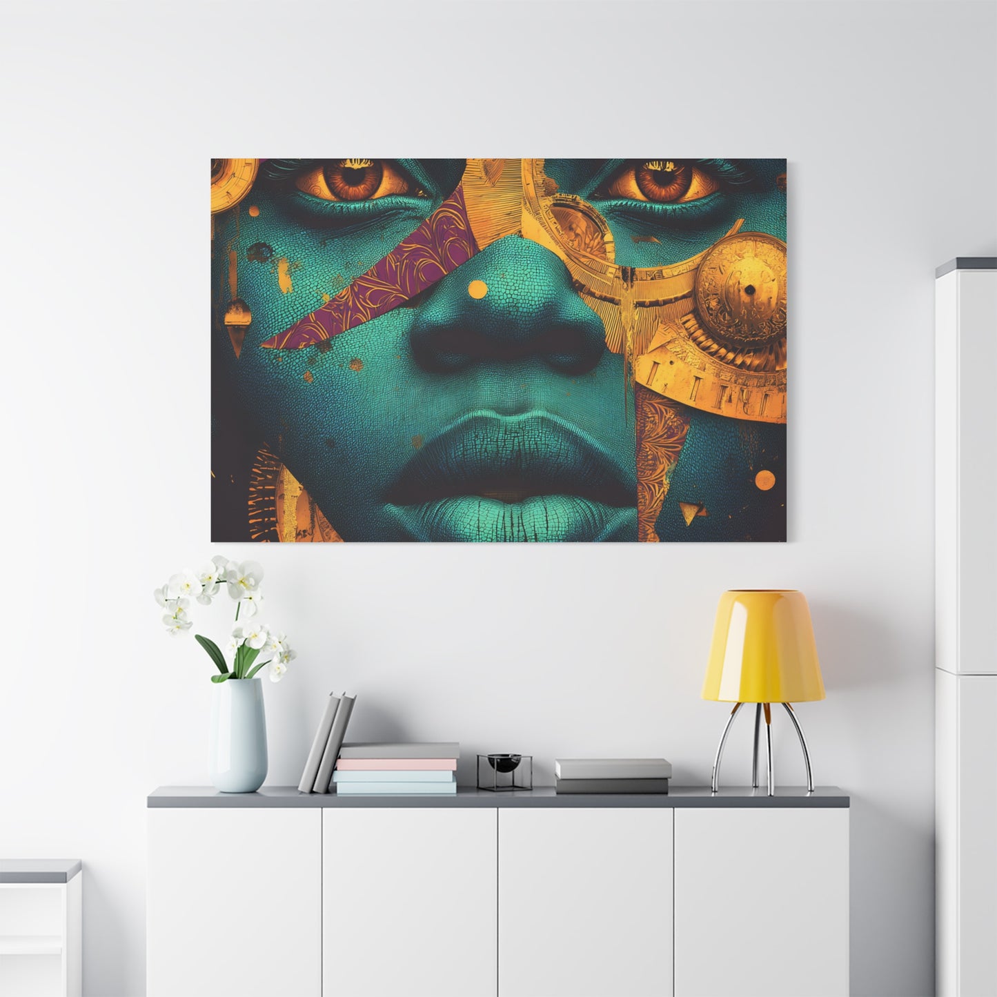 Afro-Futurist Portrait Matte Stretched Canvas — Teal & Gold Face Wall Art