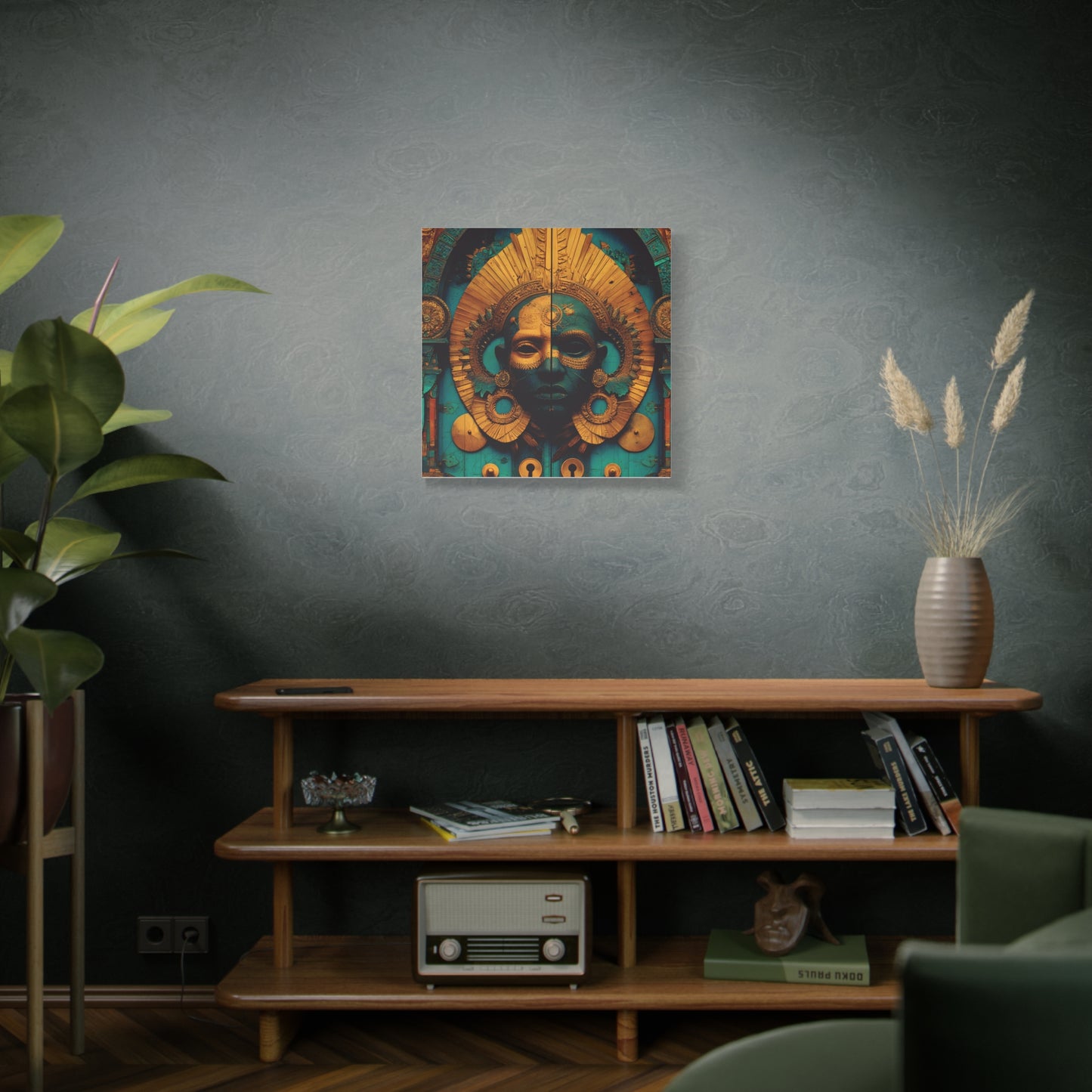 Gold & Teal Tribal Mask Matte Canvas Art — Stretched Wall Decor