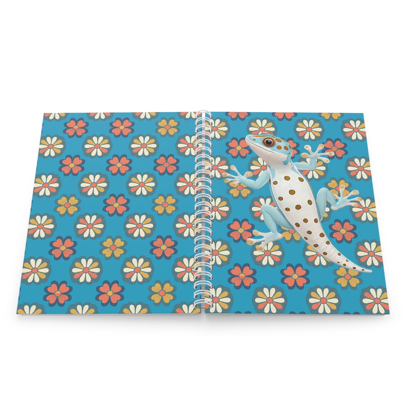 Gecko Floral Spiral Notebook — Cute Blue Gecko on Retro Daisy Pattern