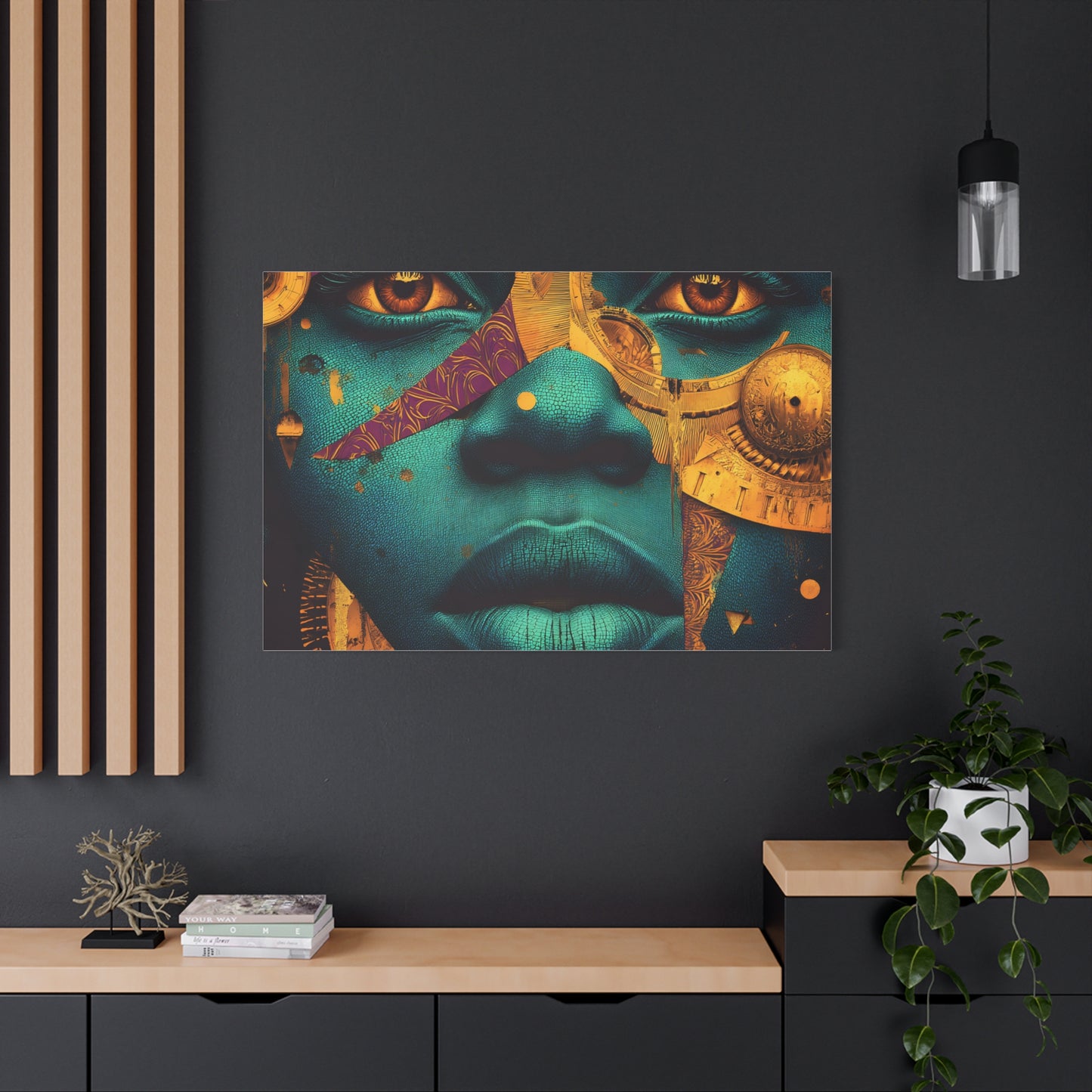 Afro-Futurist Portrait Matte Stretched Canvas — Teal & Gold Face Wall Art