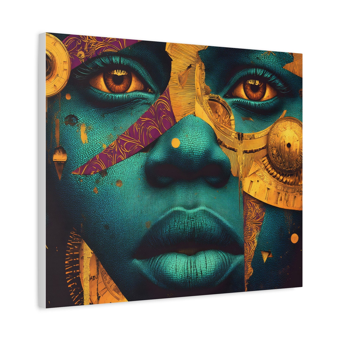 Afro-Futurist Portrait Matte Stretched Canvas — Teal & Gold Face Wall Art