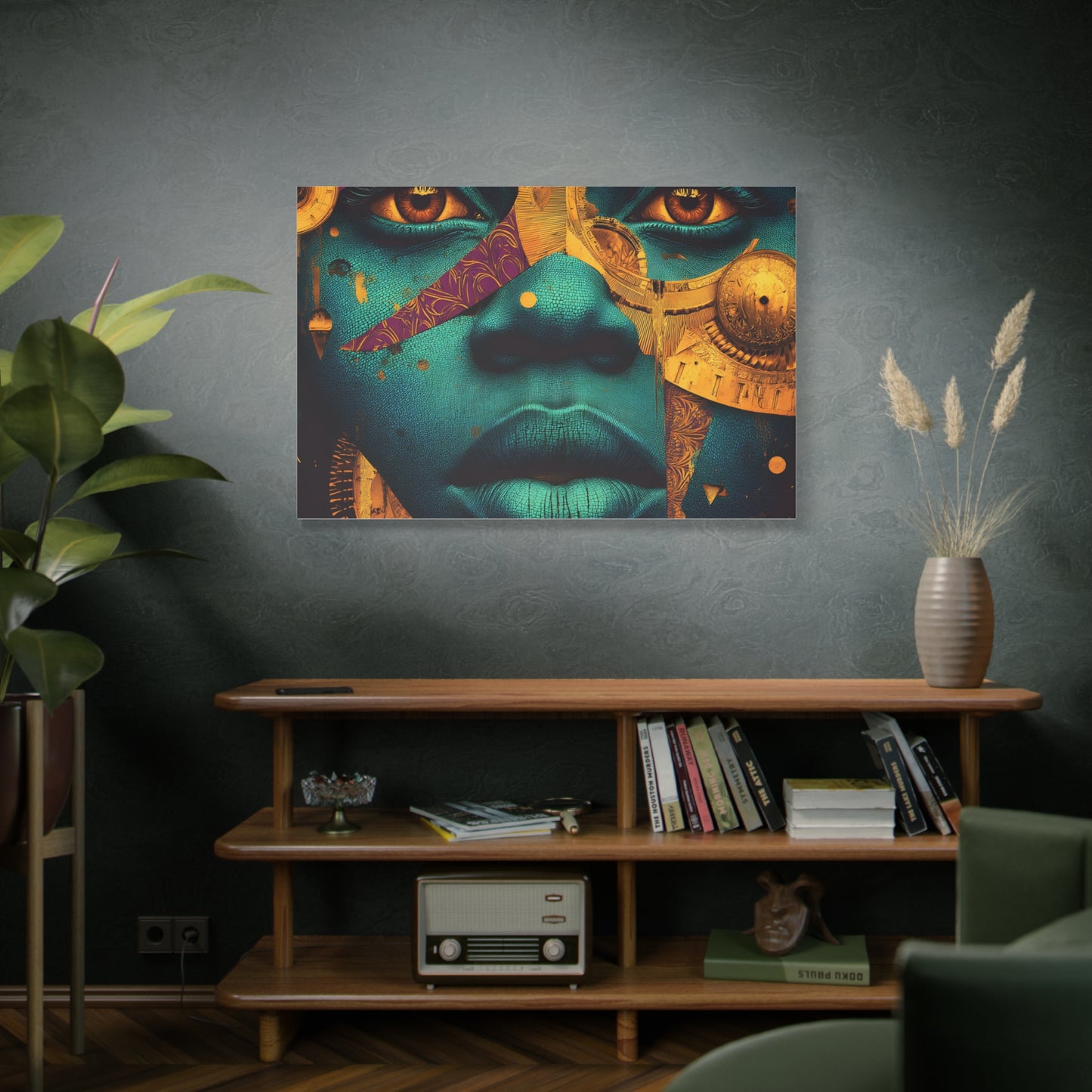 Afro-Futurist Portrait Matte Stretched Canvas — Teal & Gold Face Wall Art