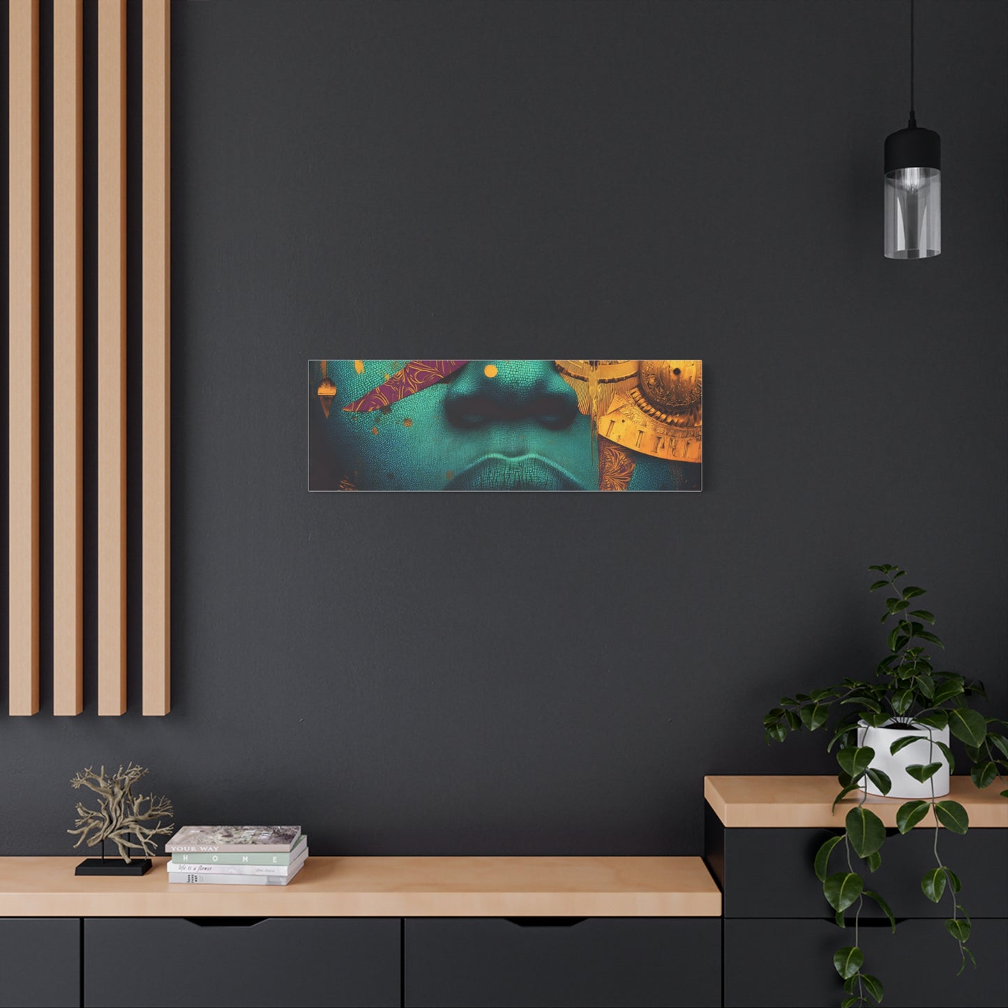 Afro-Futurist Portrait Matte Stretched Canvas — Teal & Gold Face Wall Art