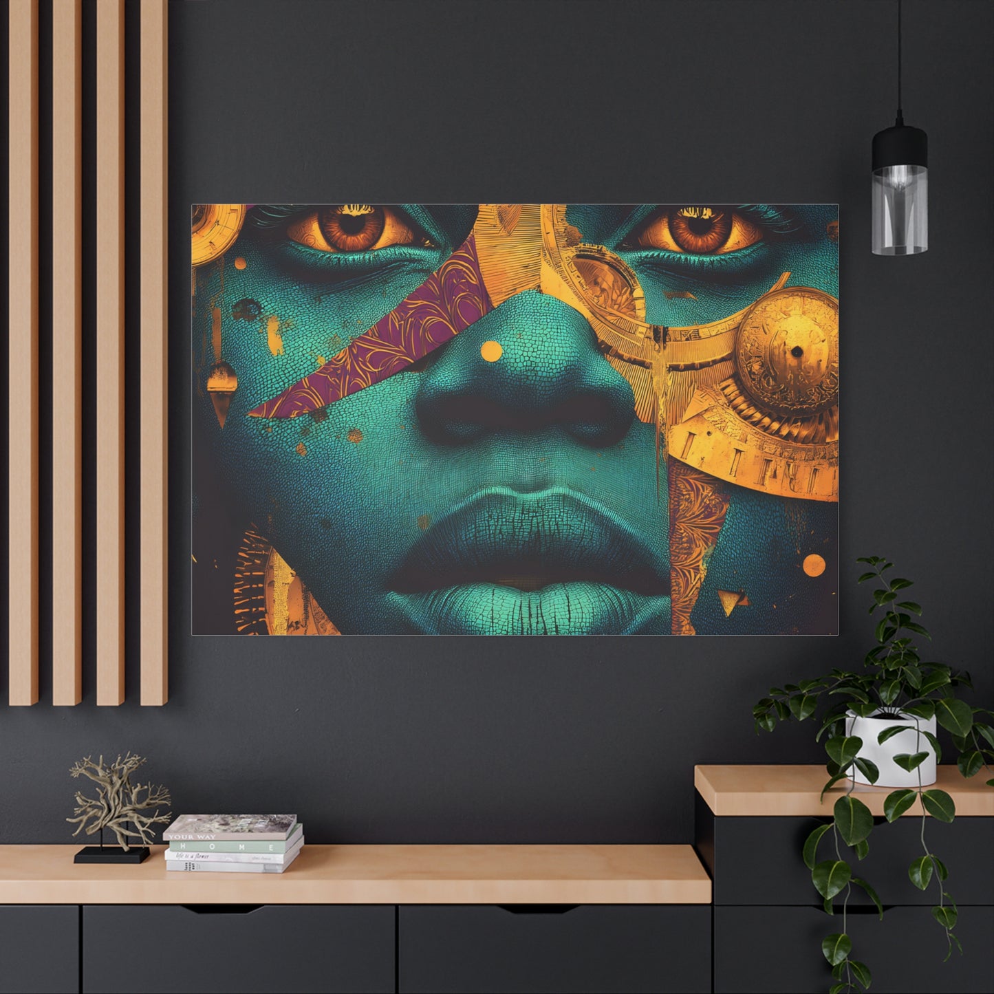 Afro-Futurist Portrait Matte Stretched Canvas — Teal & Gold Face Wall Art