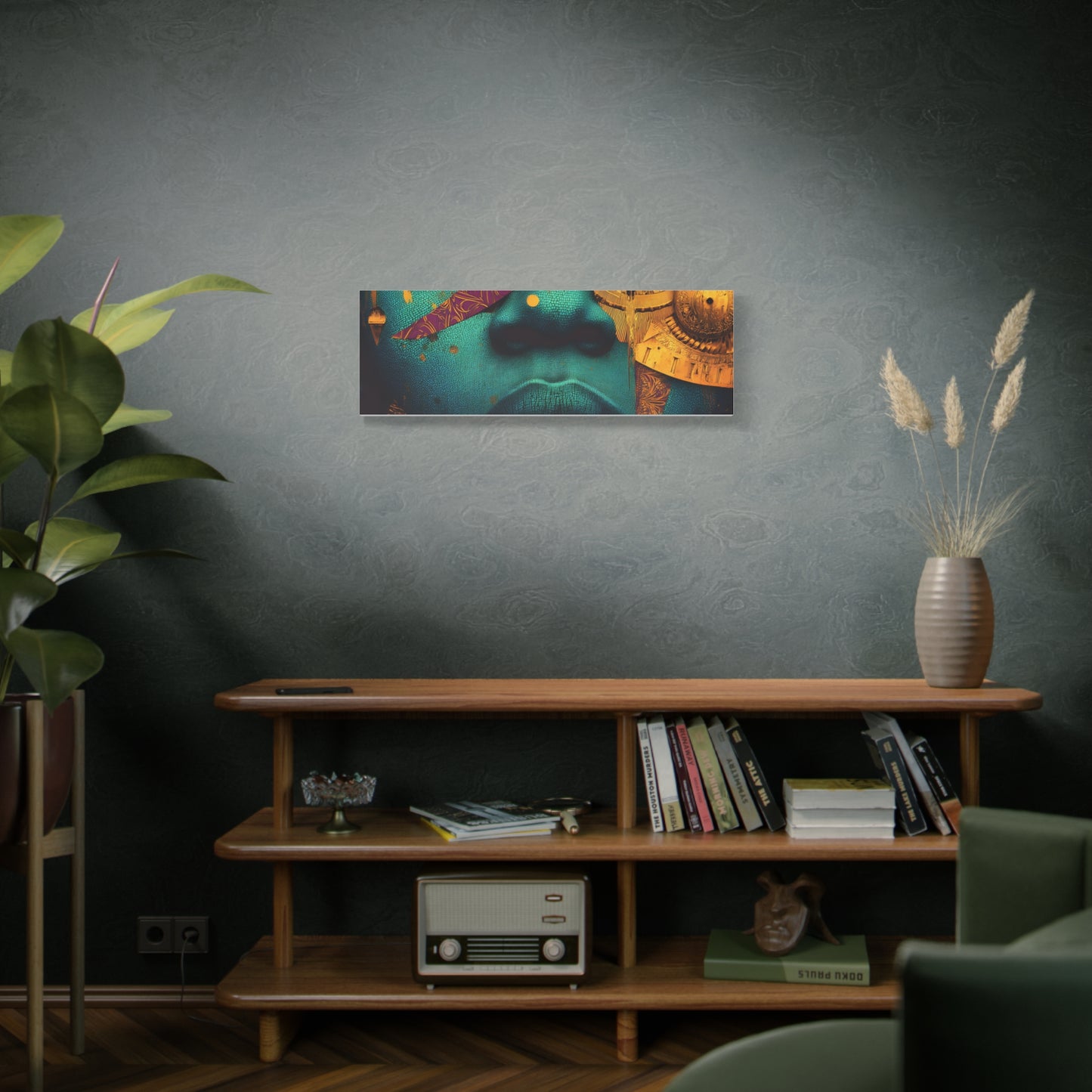 Afro-Futurist Portrait Matte Stretched Canvas — Teal & Gold Face Wall Art