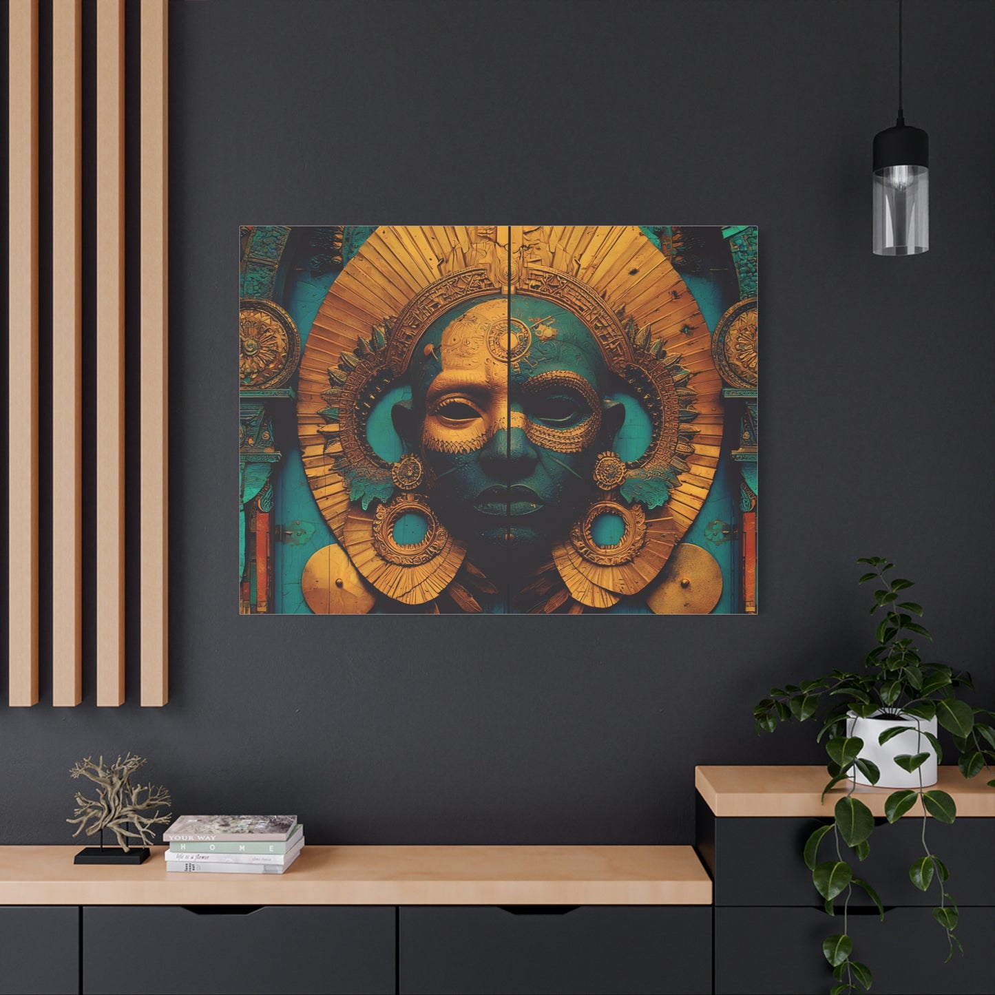Gold & Teal Tribal Mask Matte Canvas Art — Stretched Wall Decor