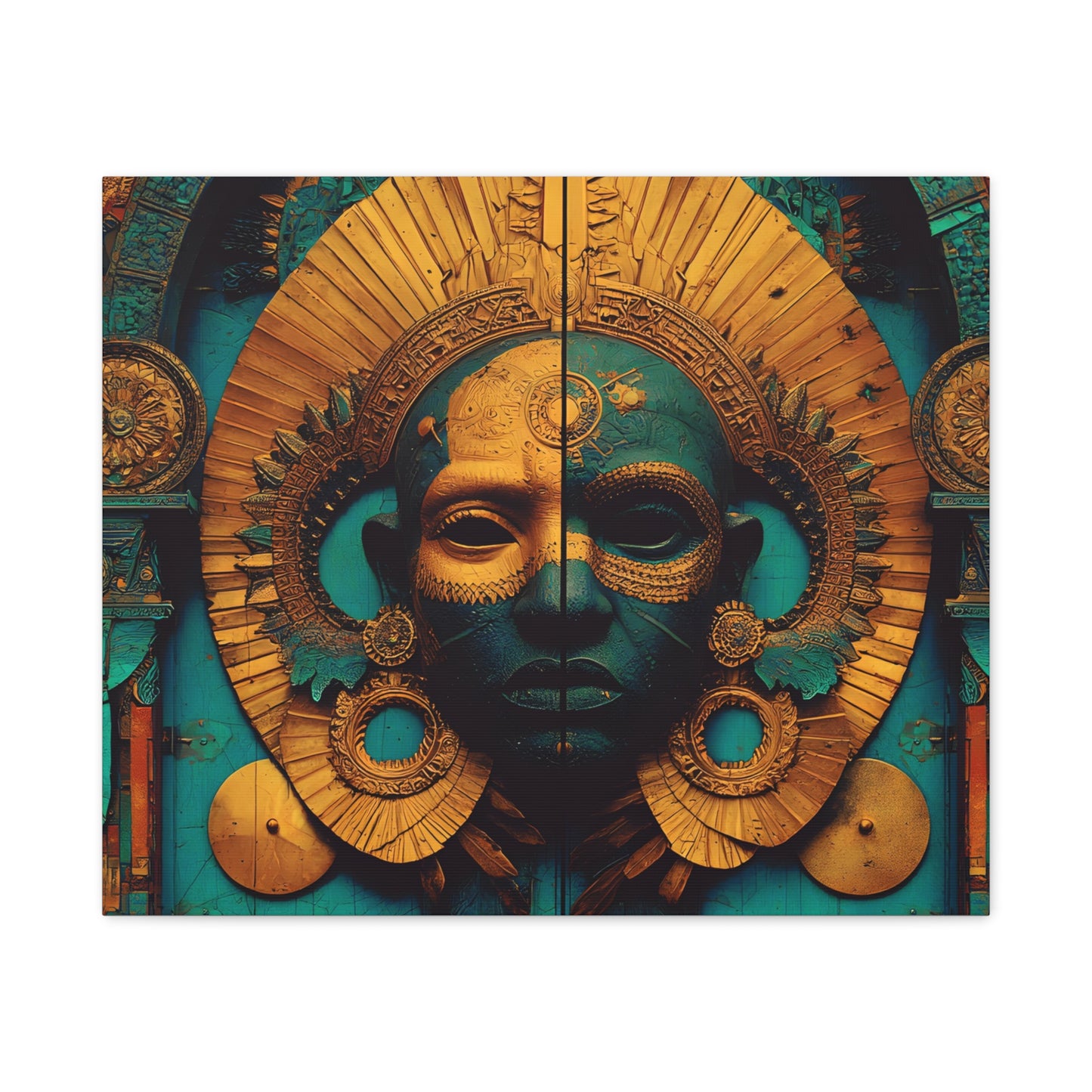 Gold & Teal Tribal Mask Matte Canvas Art — Stretched Wall Decor
