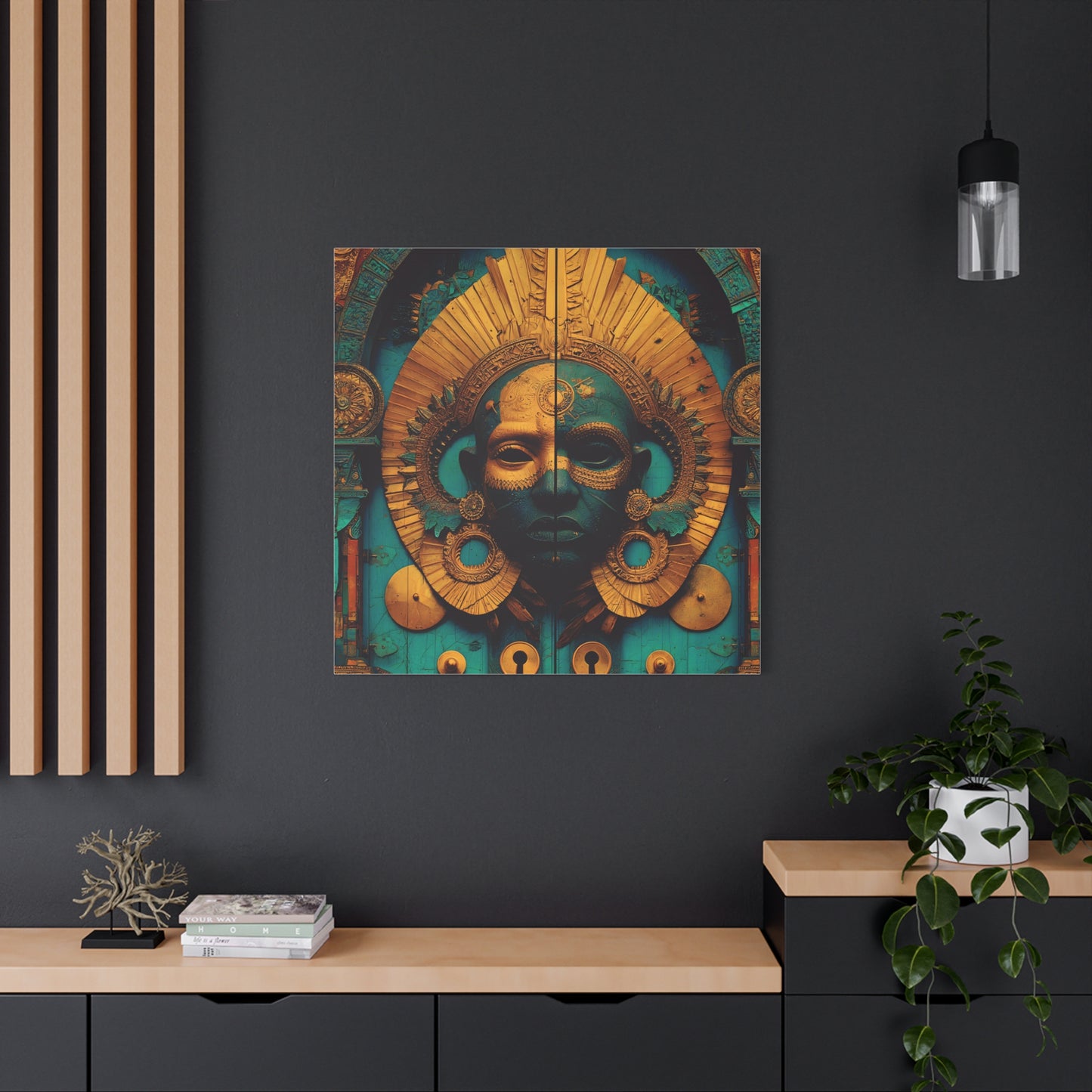Gold & Teal Tribal Mask Matte Canvas Art — Stretched Wall Decor