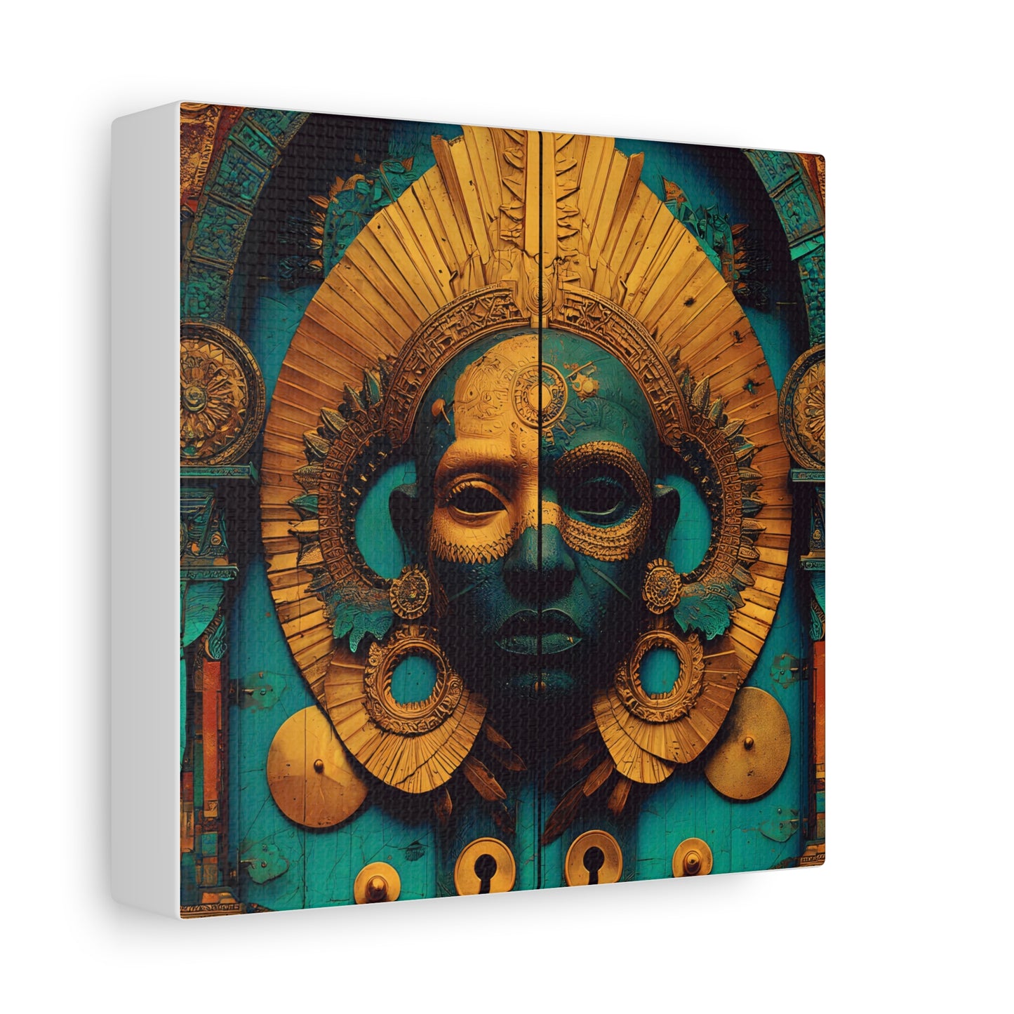 Gold & Teal Tribal Mask Matte Canvas Art — Stretched Wall Decor