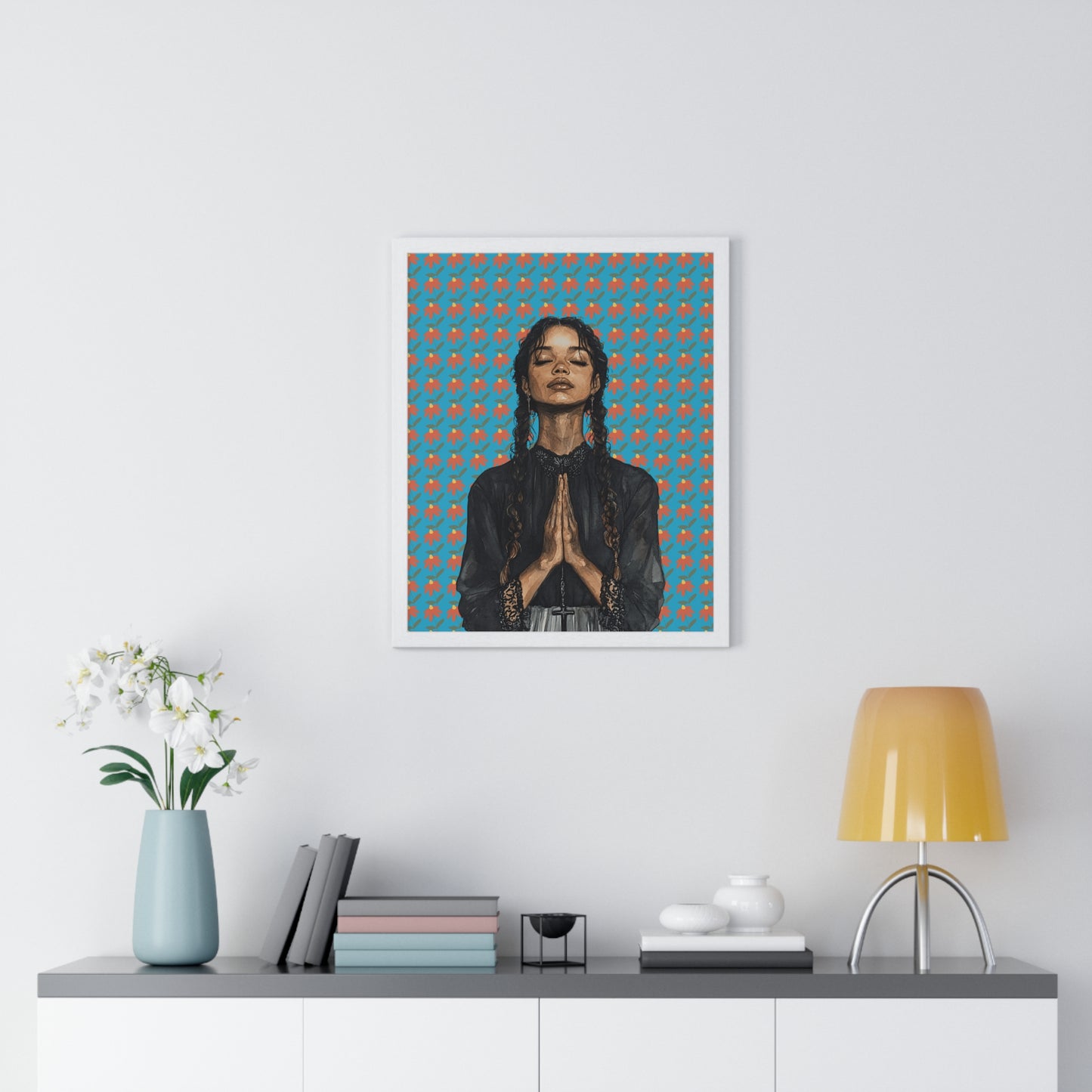 Serene Prayer Vertical Framed Poster, Meditation Art Print, Bohemian Wall Decor, Inspirational Home Decor, Gift for Her