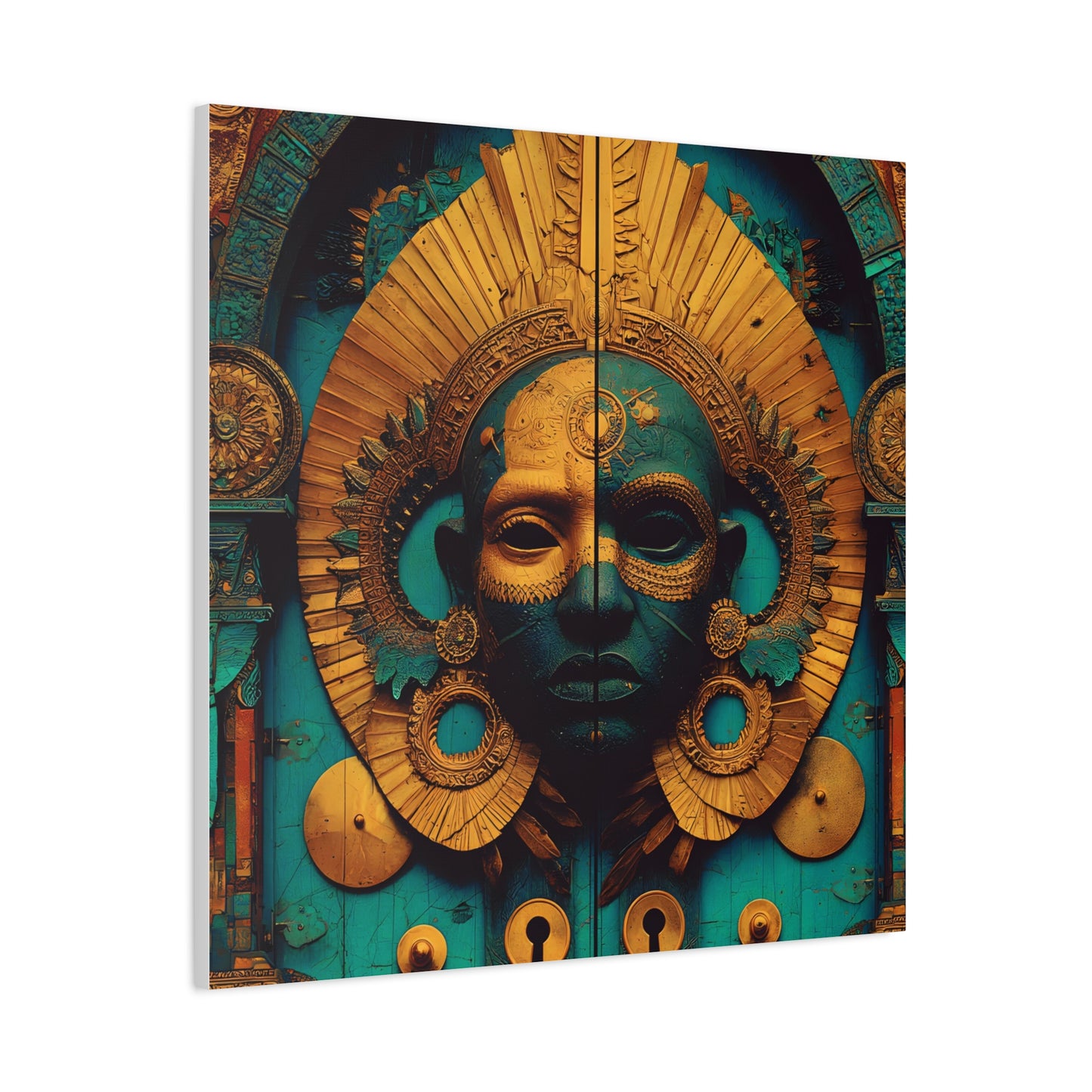 Gold & Teal Tribal Mask Matte Canvas Art — Stretched Wall Decor