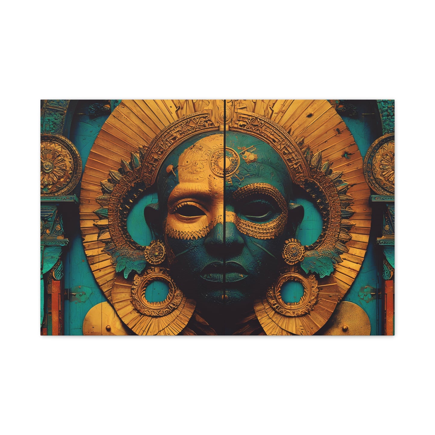 Gold & Teal Tribal Mask Matte Canvas Art — Stretched Wall Decor