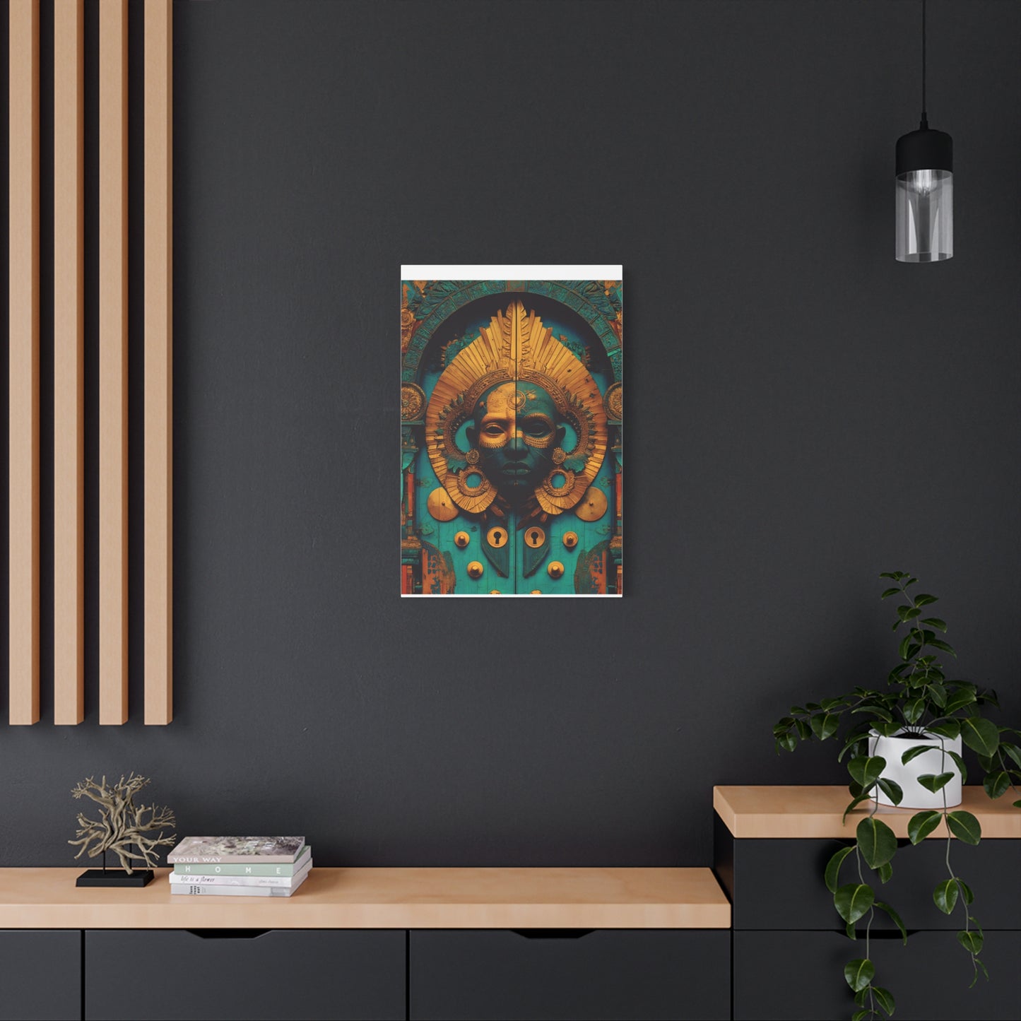 Gold & Teal Tribal Mask Matte Canvas Art — Stretched Wall Decor