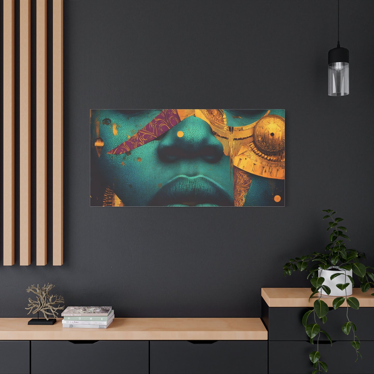 Afro-Futurist Portrait Matte Stretched Canvas — Teal & Gold Face Wall Art