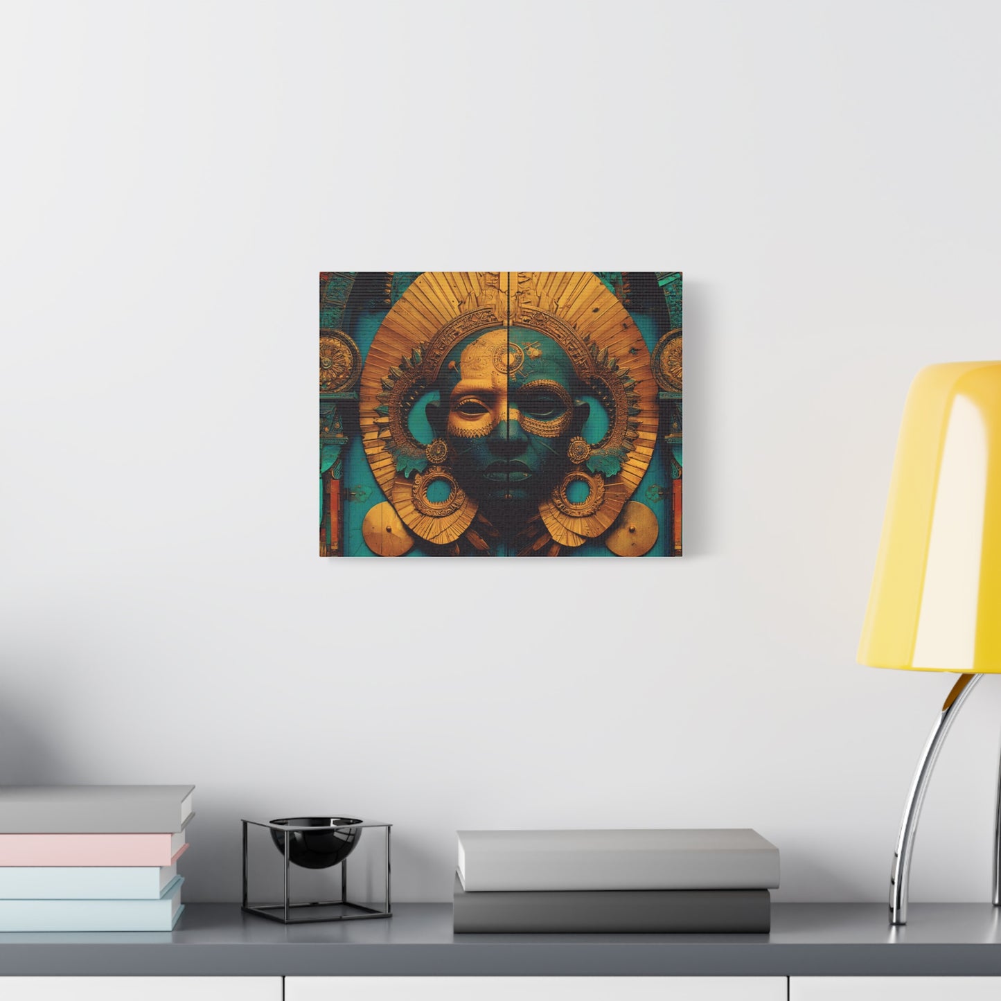 Gold & Teal Tribal Mask Matte Canvas Art — Stretched Wall Decor