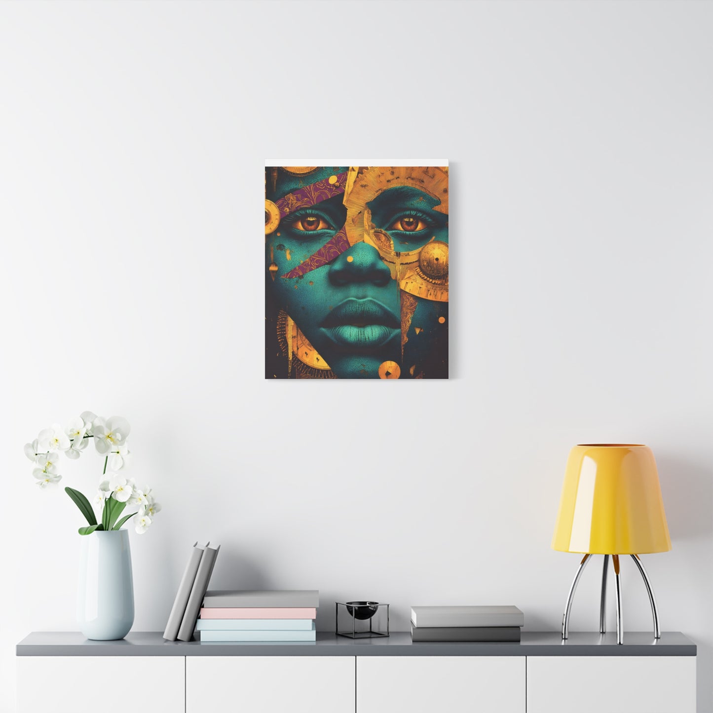 Afro-Futurist Portrait Matte Stretched Canvas — Teal & Gold Face Wall Art