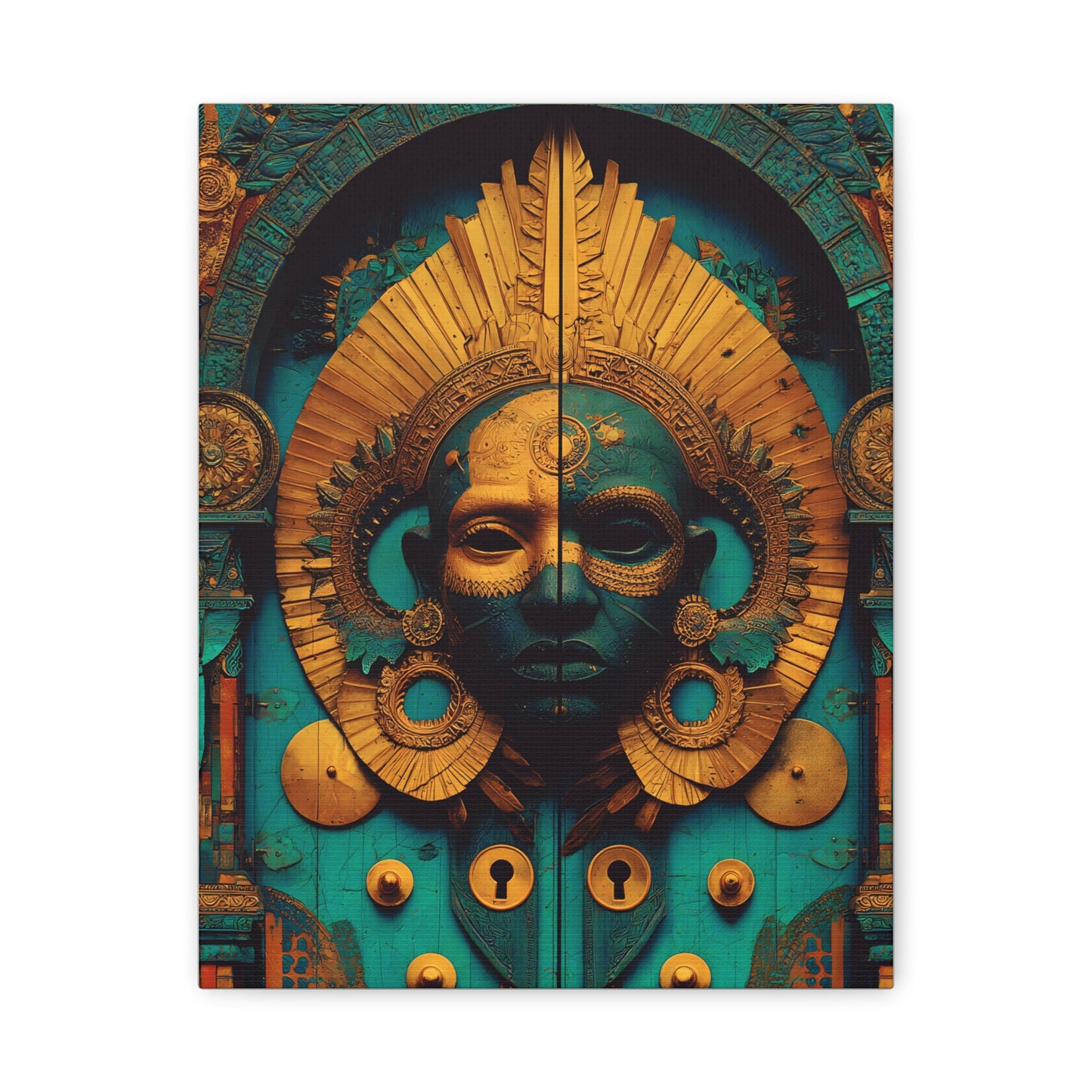 Gold & Teal Tribal Mask Matte Canvas Art — Stretched Wall Decor