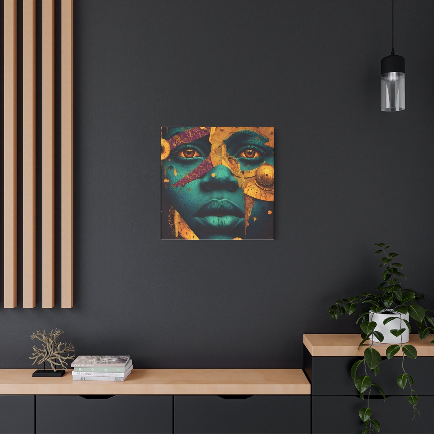 Afro-Futurist Portrait Matte Stretched Canvas — Teal & Gold Face Wall Art