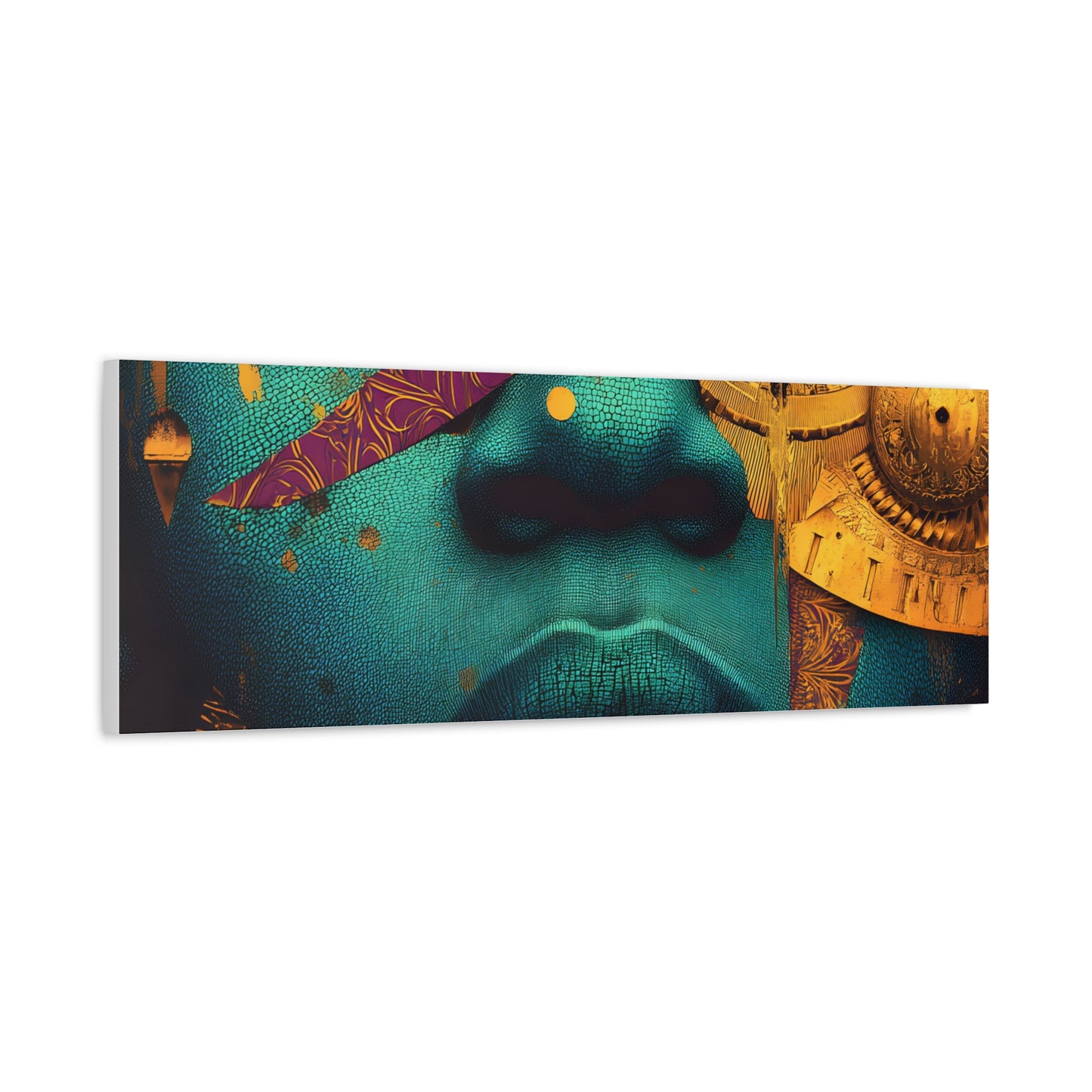 Afro-Futurist Portrait Matte Stretched Canvas — Teal & Gold Face Wall Art