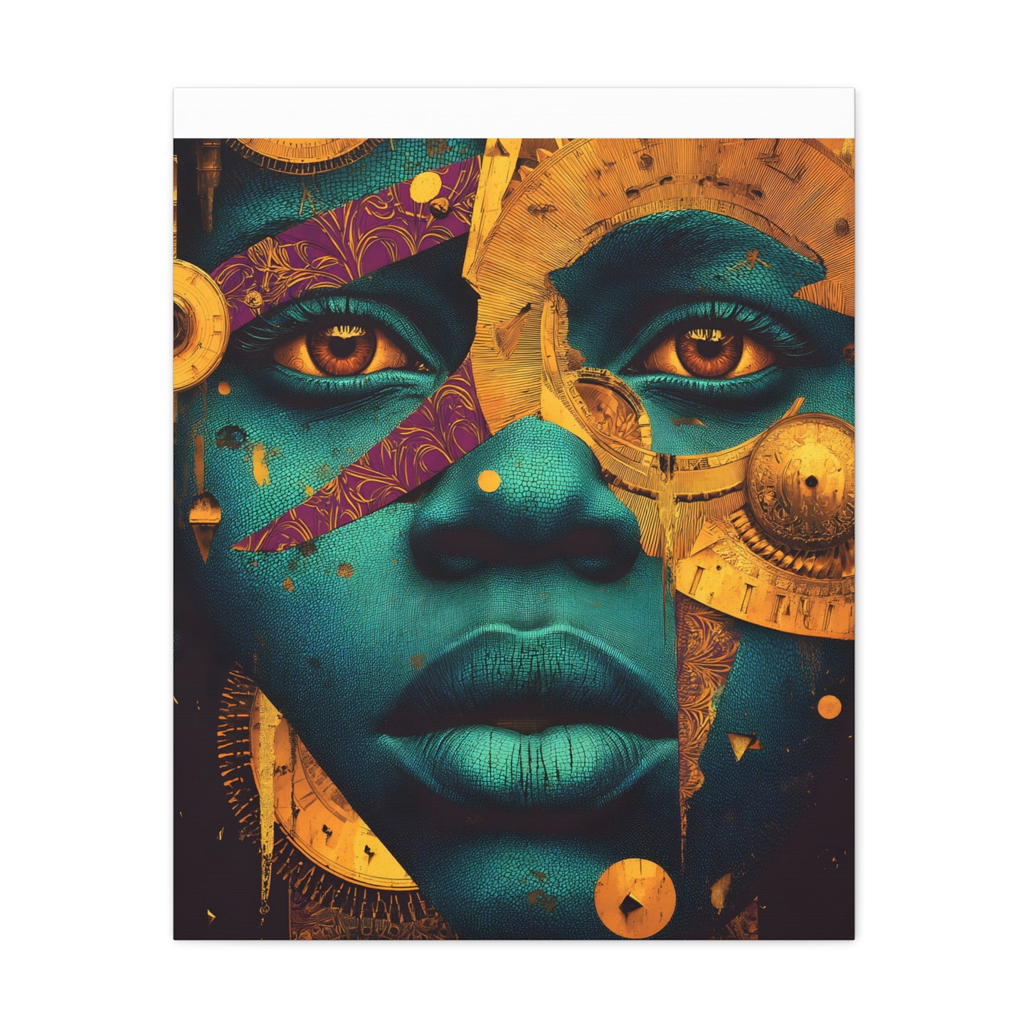 Afro-Futurist Portrait Matte Stretched Canvas — Teal & Gold Face Wall Art
